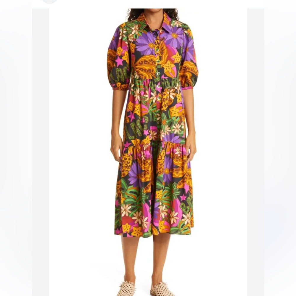 126-$135 *FREE SHIPPING* FARM RIO Star Fruit Organic Cotton Midi Shirtdress M